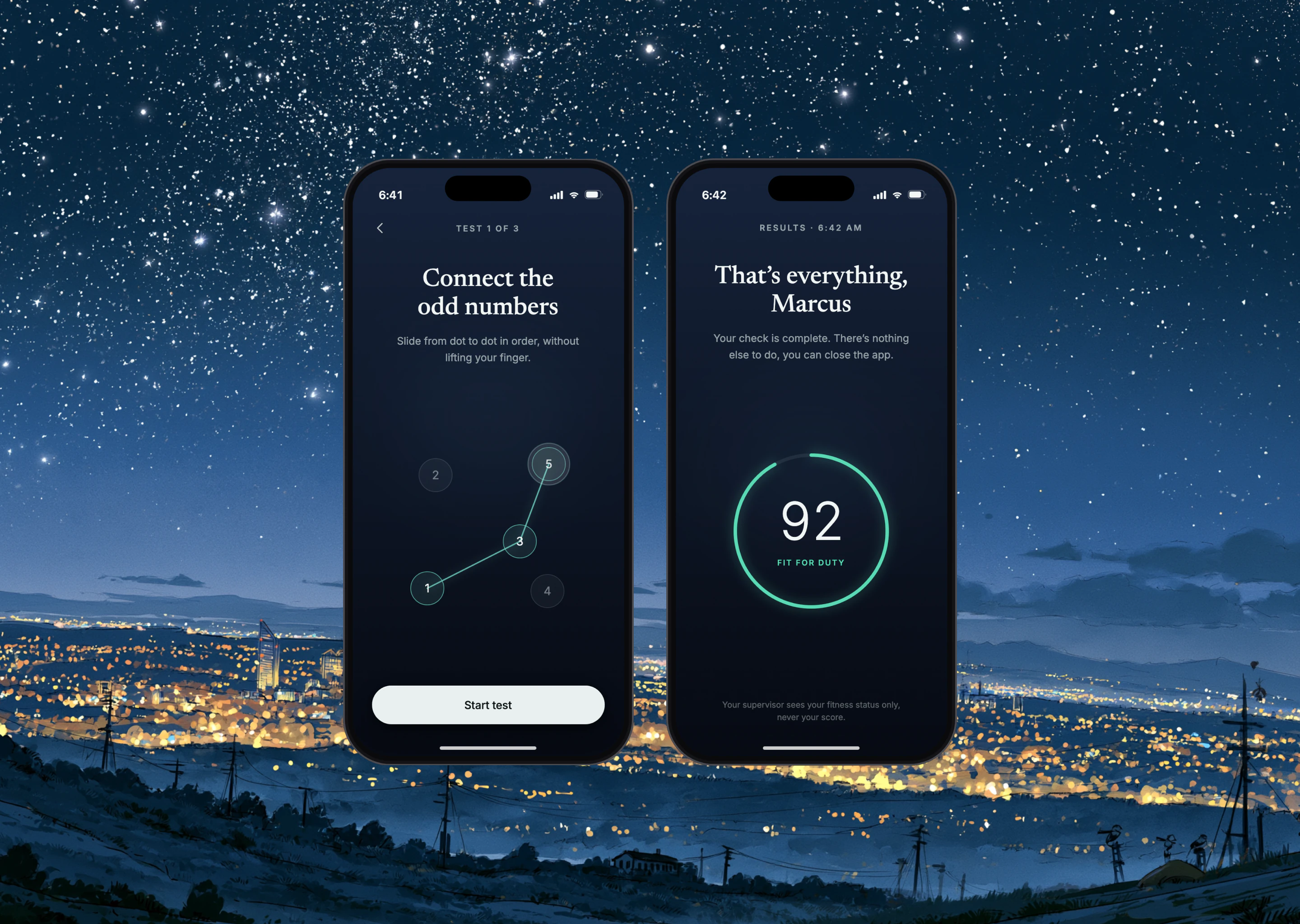 Neurapulse fitness-for-duty testing — test flow screen