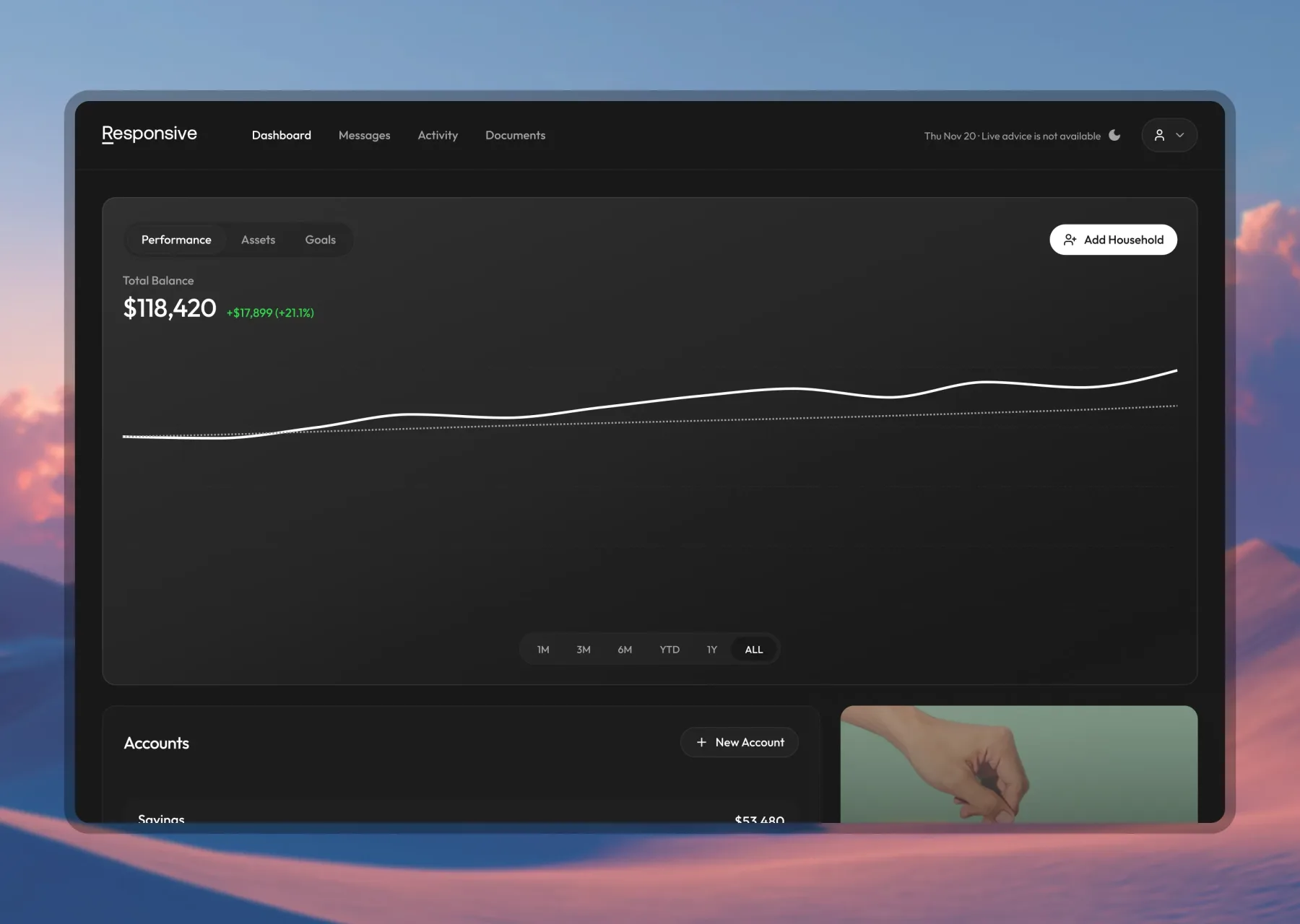 Responsive AI Dash — white-label investor platform, screen 1