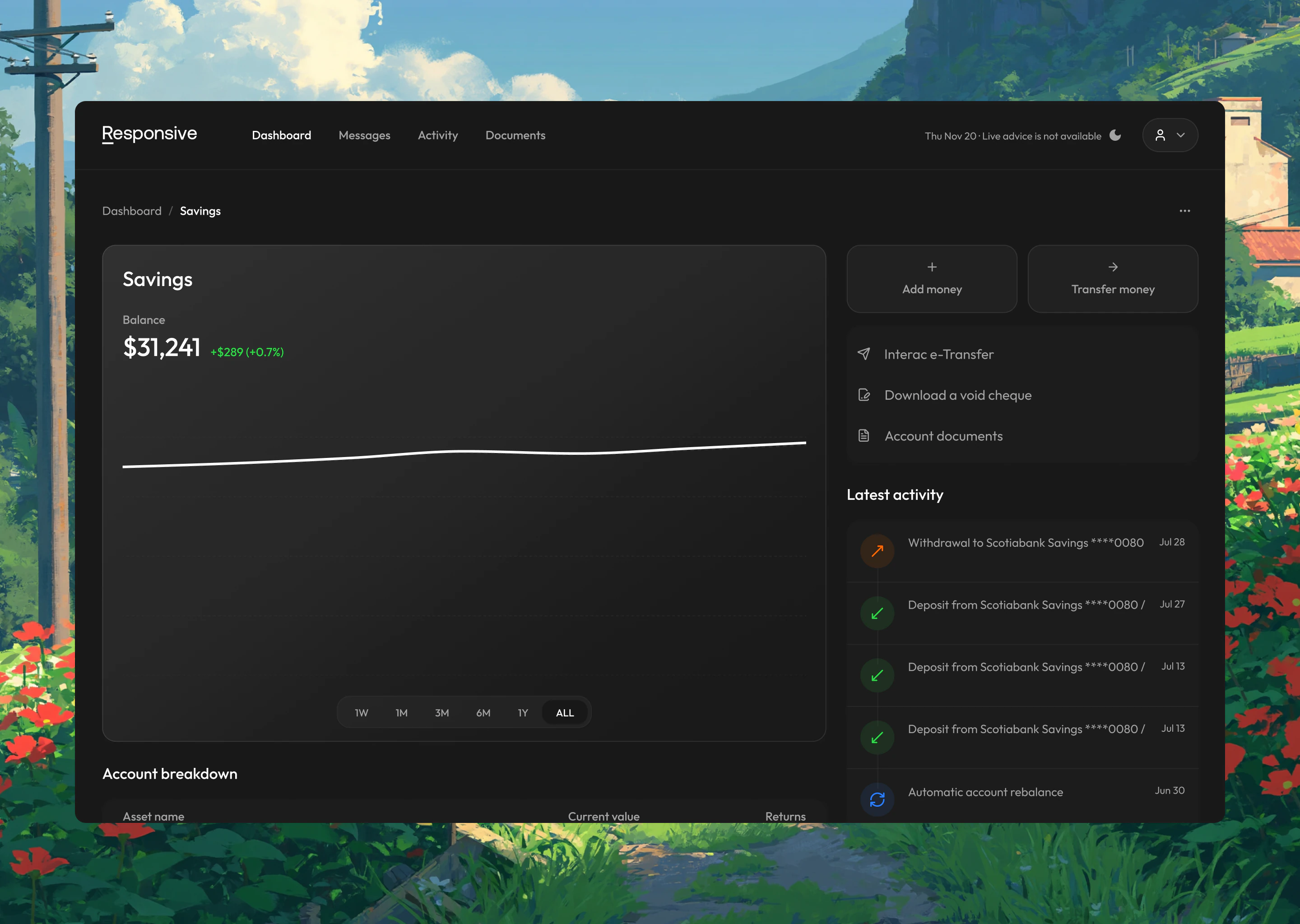 Responsive AI Dash — white-label investor platform, screen 1