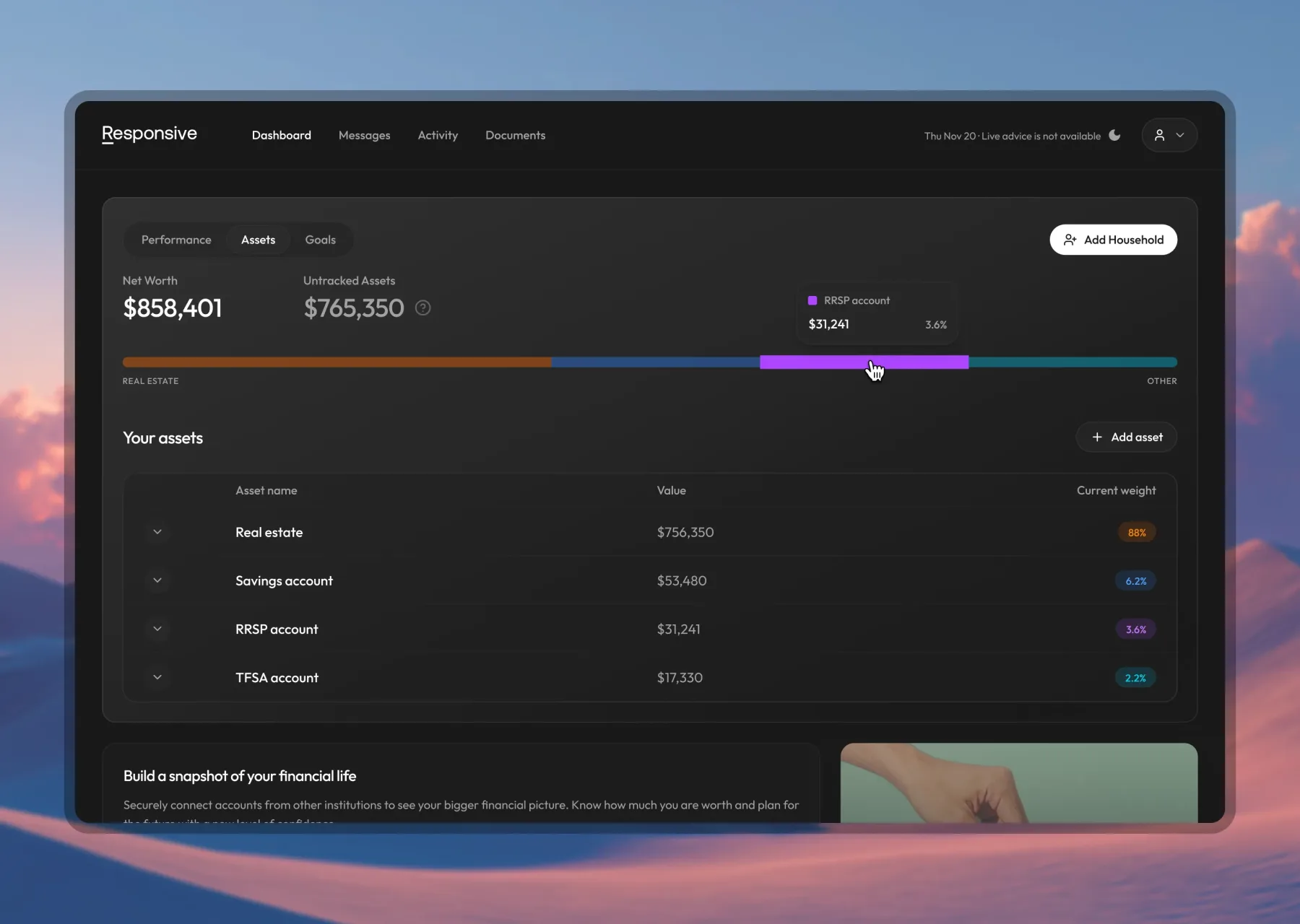 Responsive AI Dash — white-label investor platform, screen 2