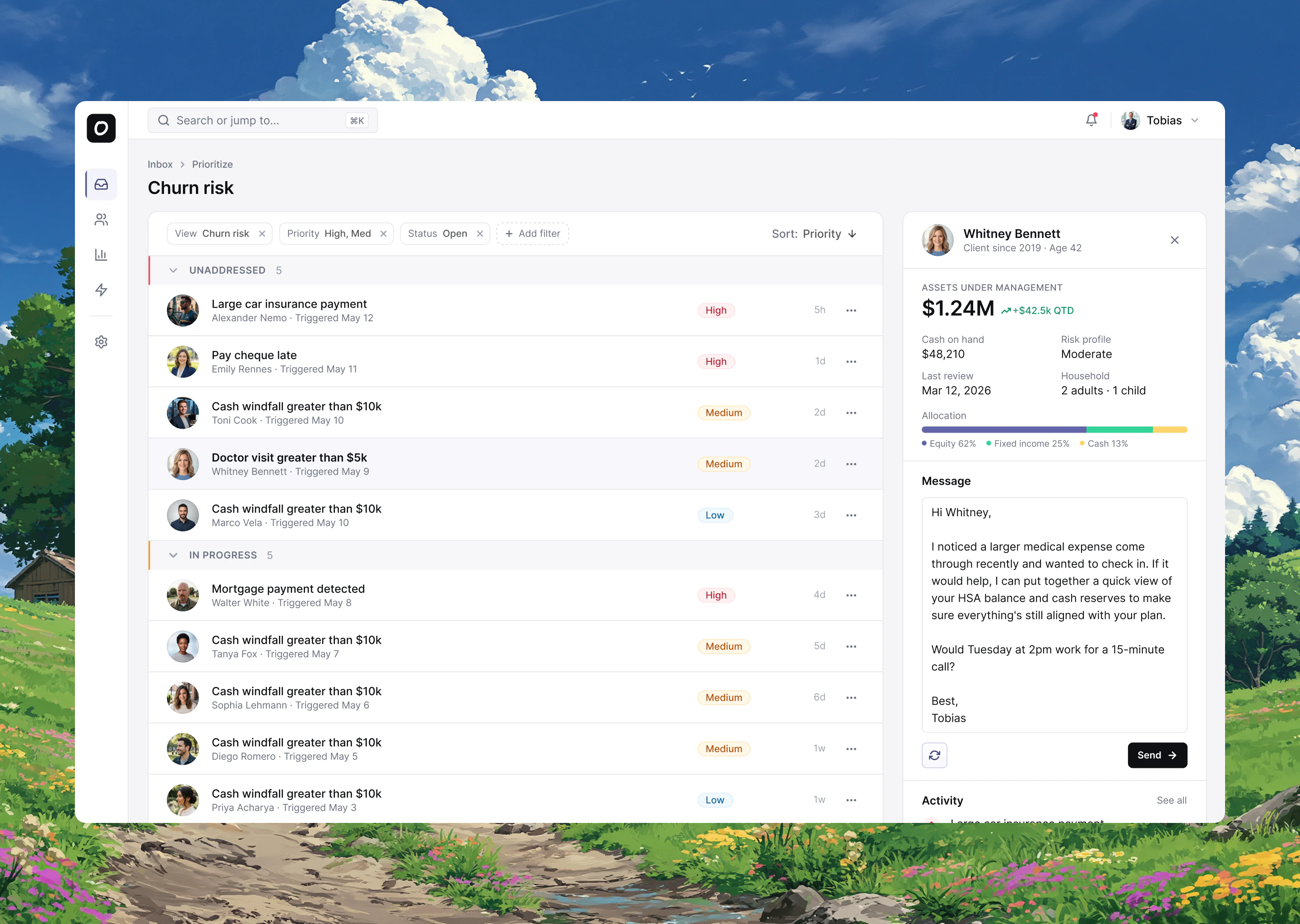 Responsive AI Prioritize — AI-powered financial advisor workflow, screen 1