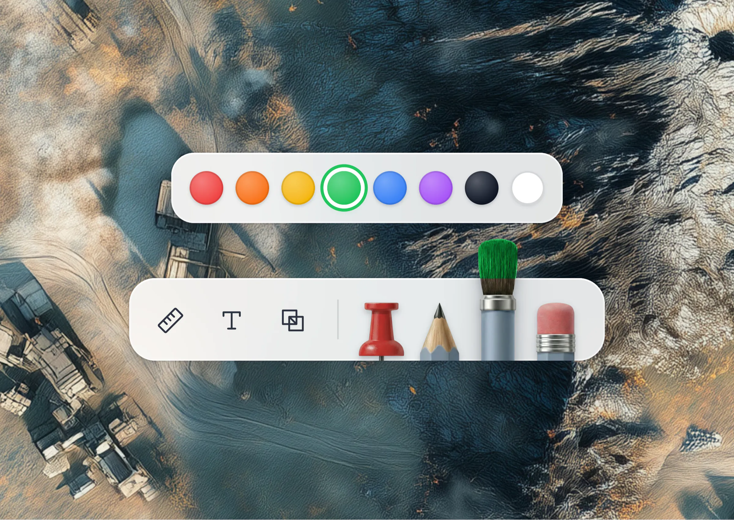 The drawing tray: pin, pencil, brush and eraser, with the brush's colours
