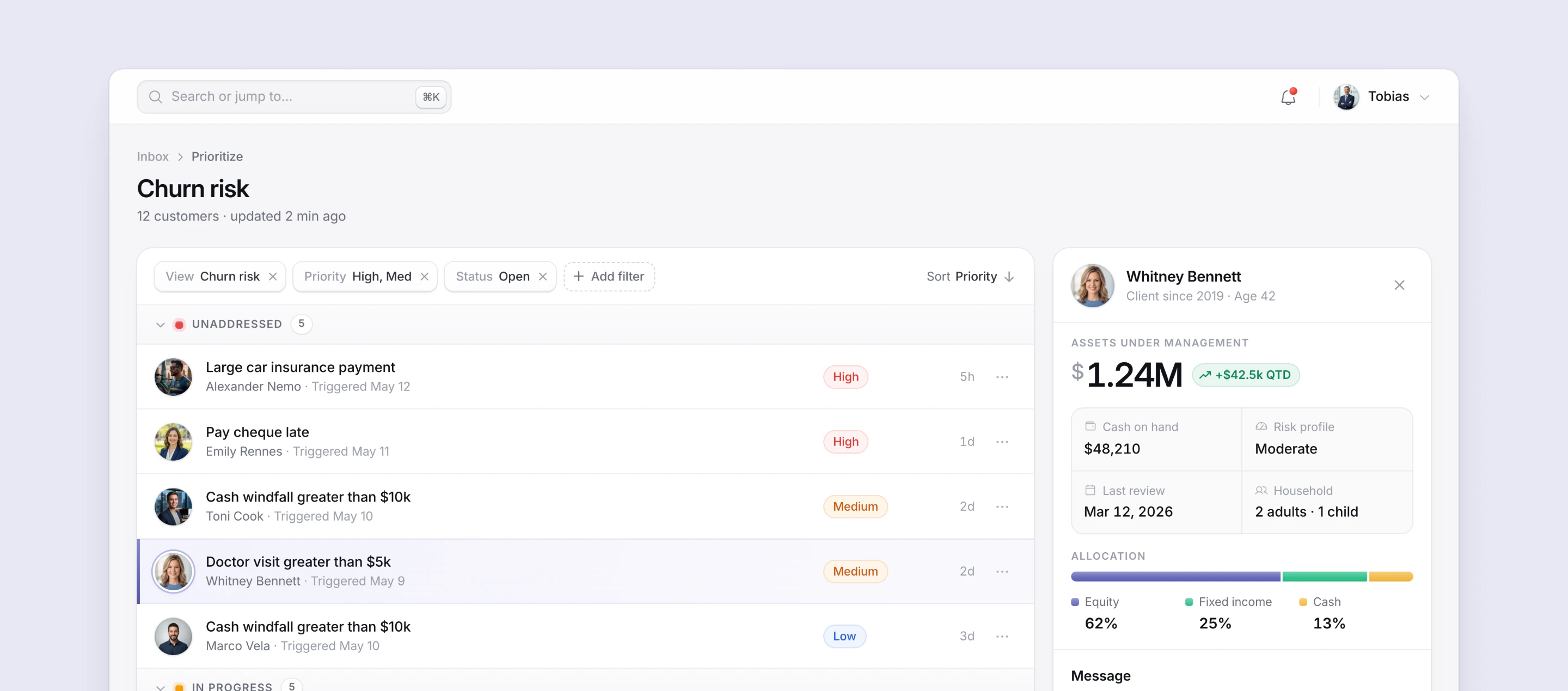 Prioritize, the advisor inbox: churn-risk opportunities ranked by priority, next to a client's assets, allocation and a drafted message.
