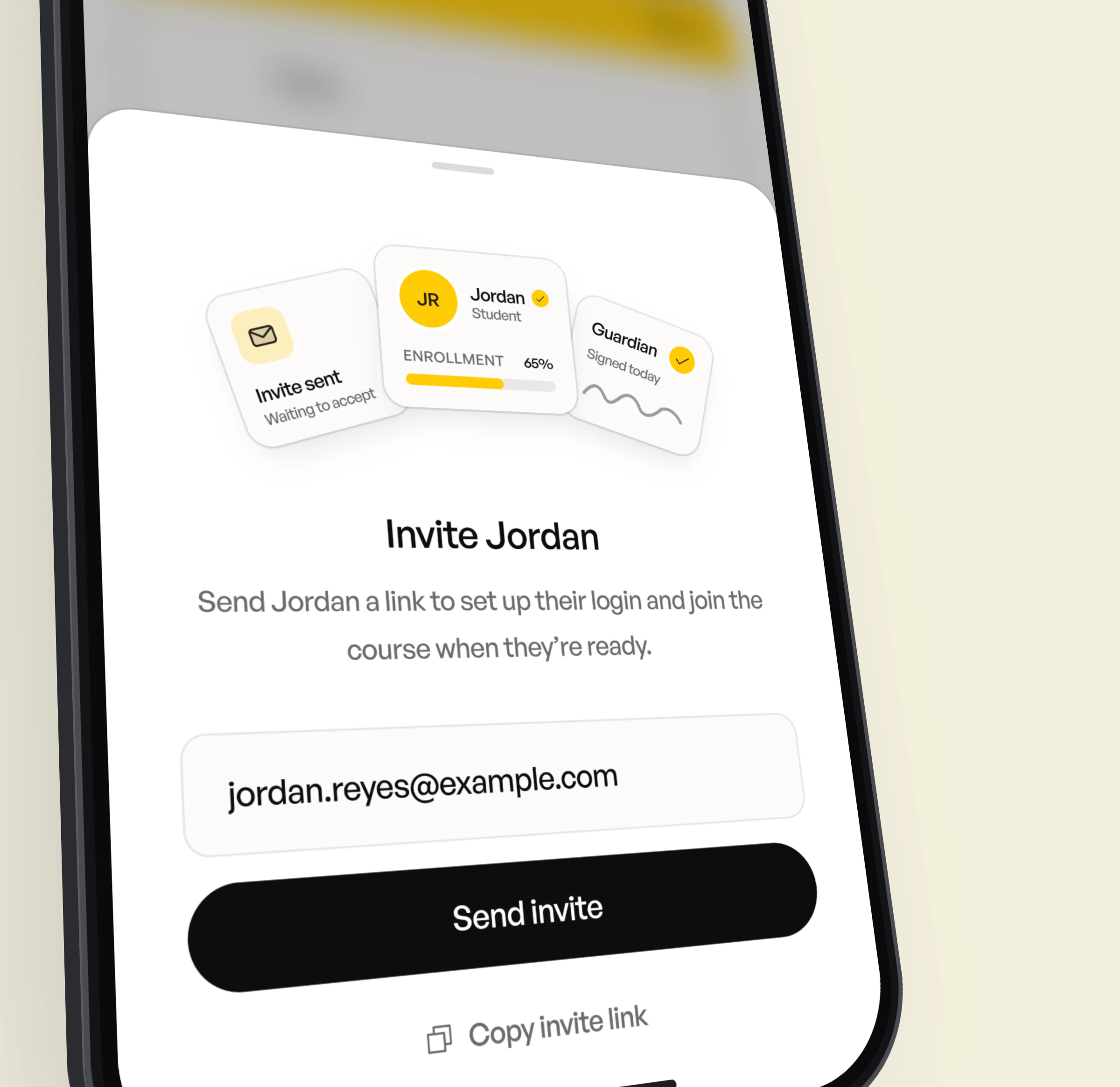 Inviting Jordan to set up their login and join the course