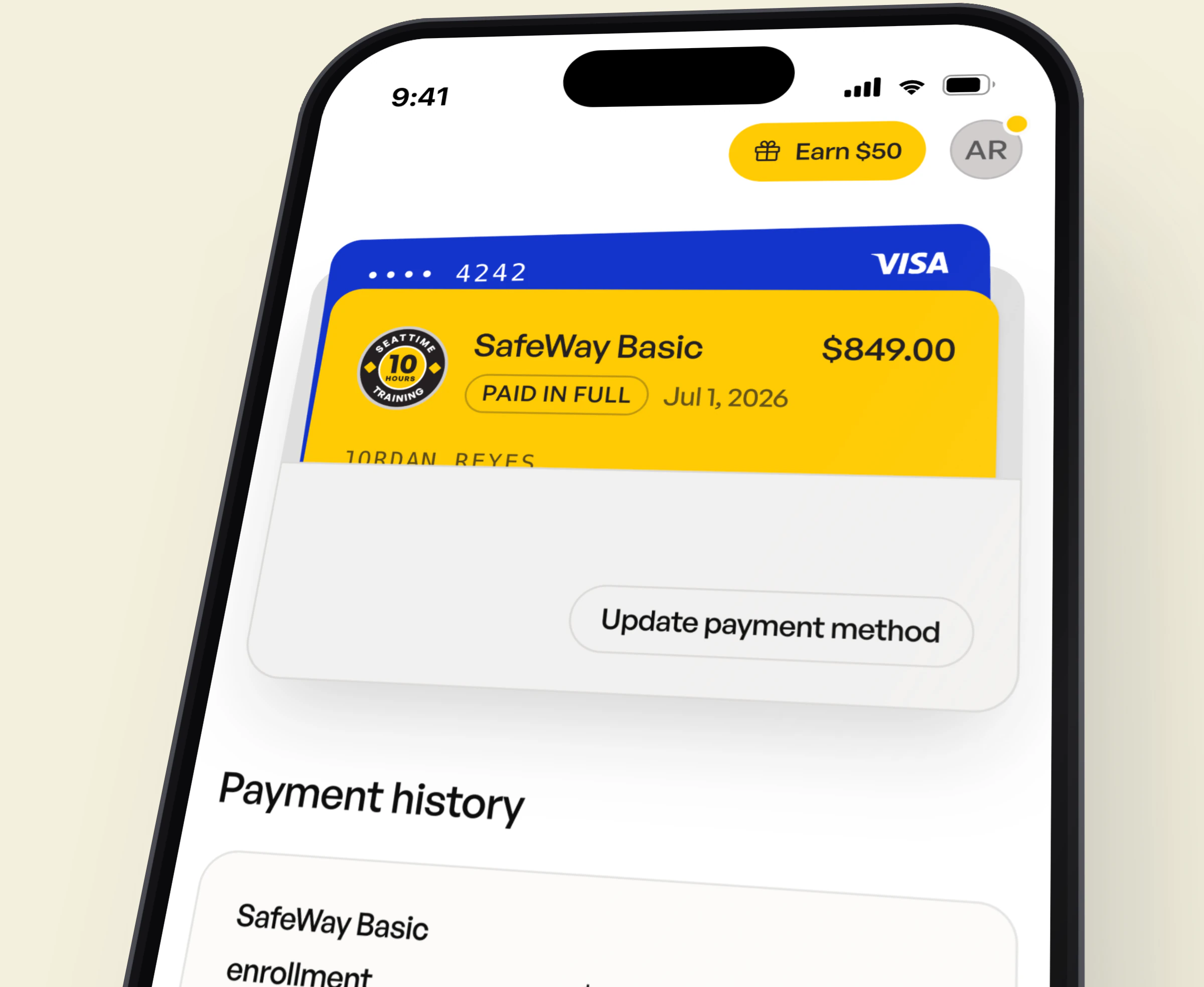 Billing: the SafeWay Basic plan, paid in full, on the family's Visa