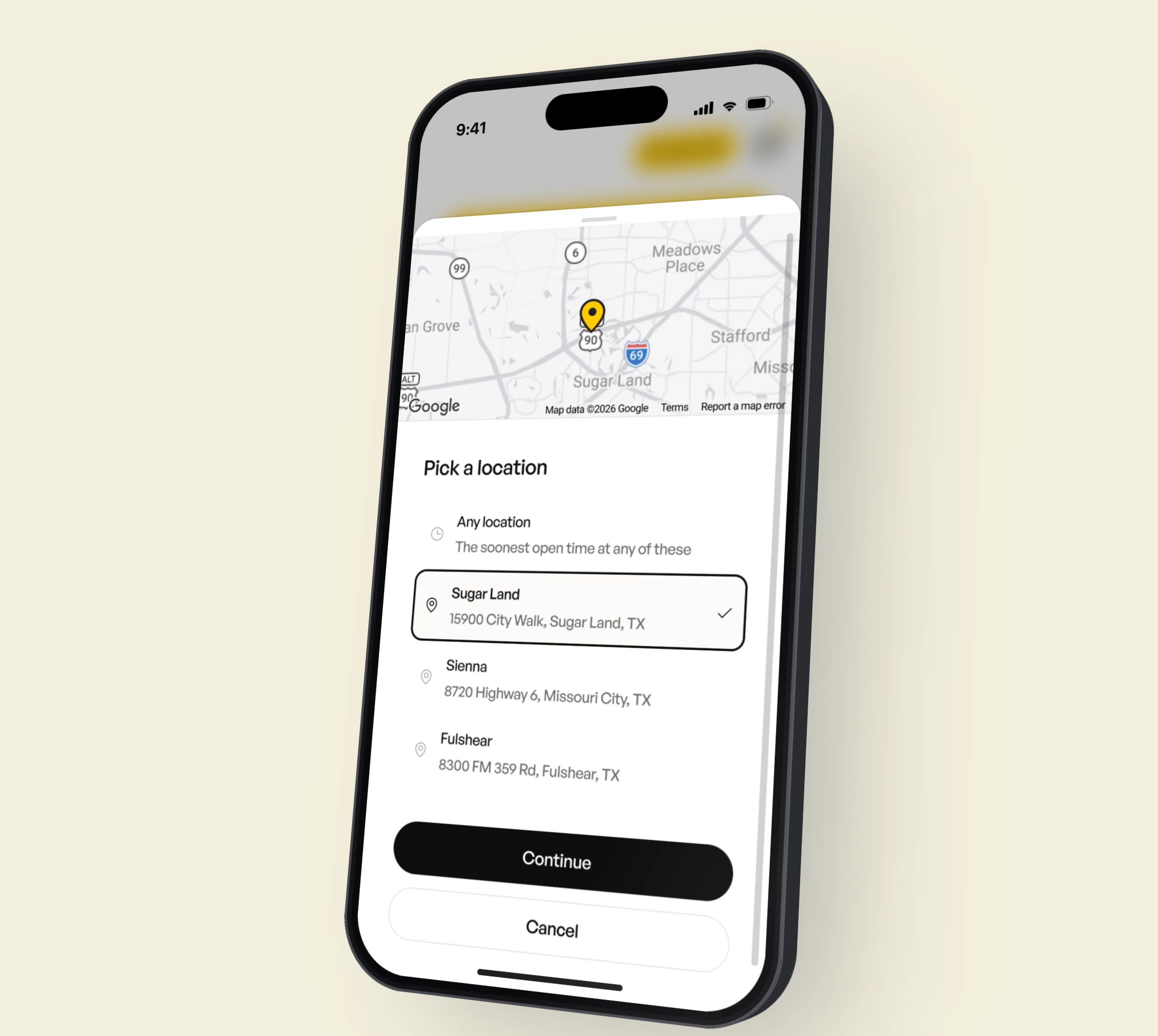 Booking a drive: picking a location on the map