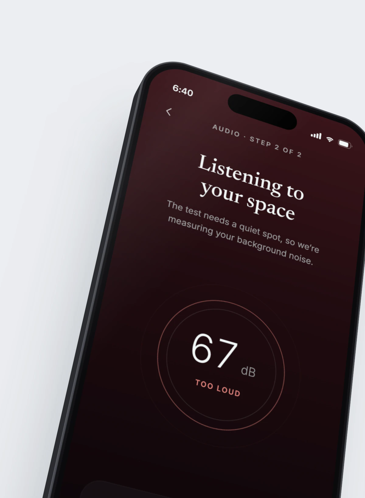Neurapulse on a phone: the audio check reads 67 dB, too loud